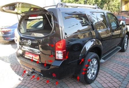 the attachment of the rear bumper Nissan Pathfinder (2005-2014)